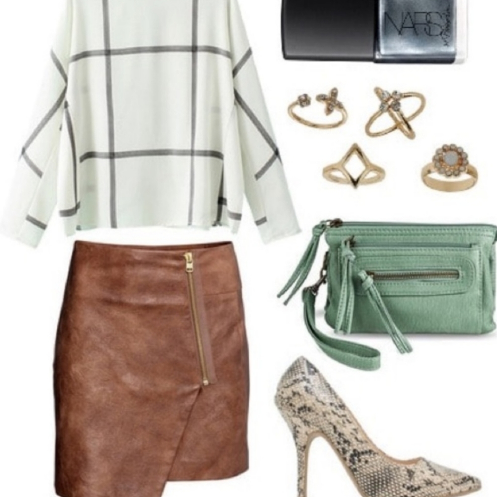Tan Brown Leather Asymmetrical Zip Up Skirt - Picture 3 of 8